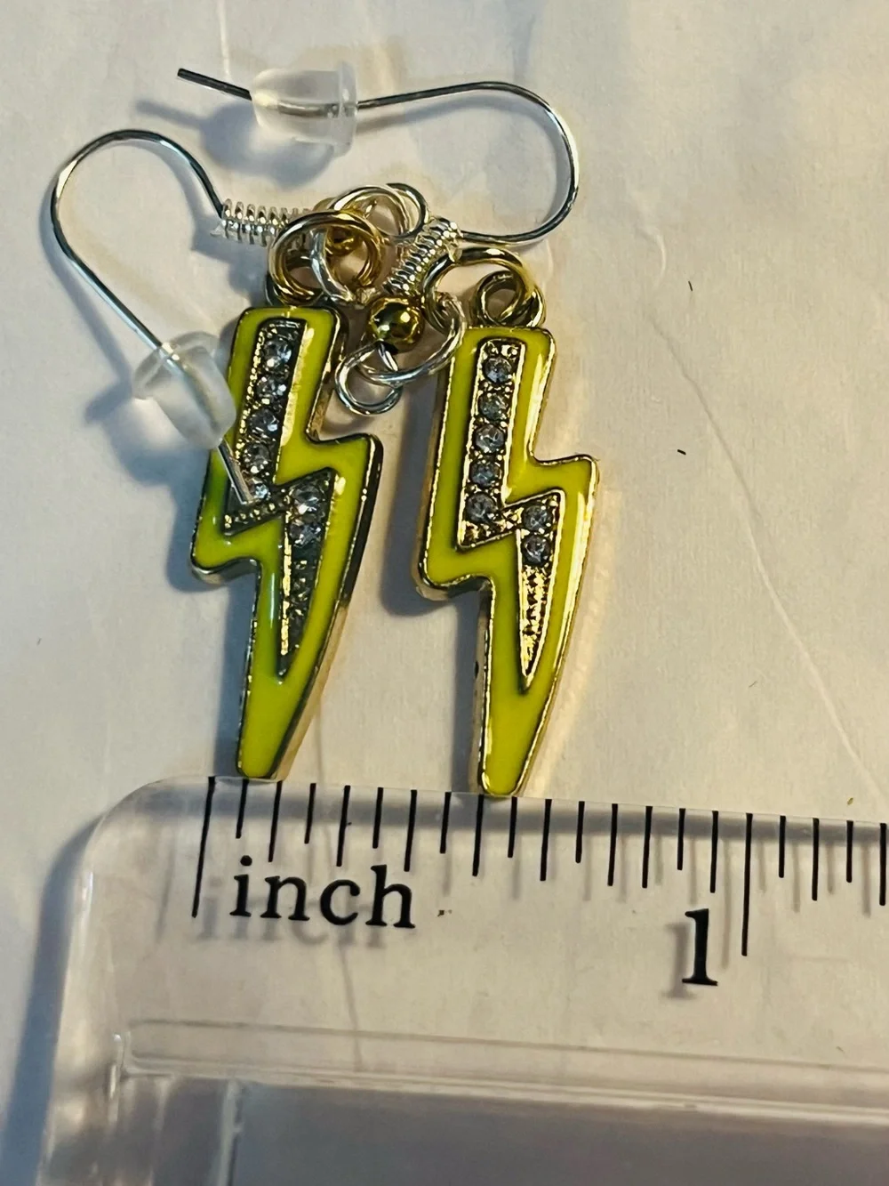 Yellow Lightning Bolt Drop Earrings with Crystal Accent